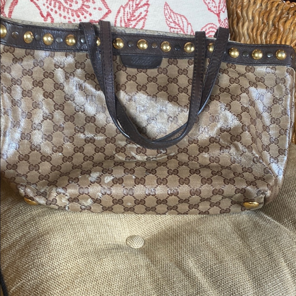 Gucci Brown Leather Trim Tote Bag
